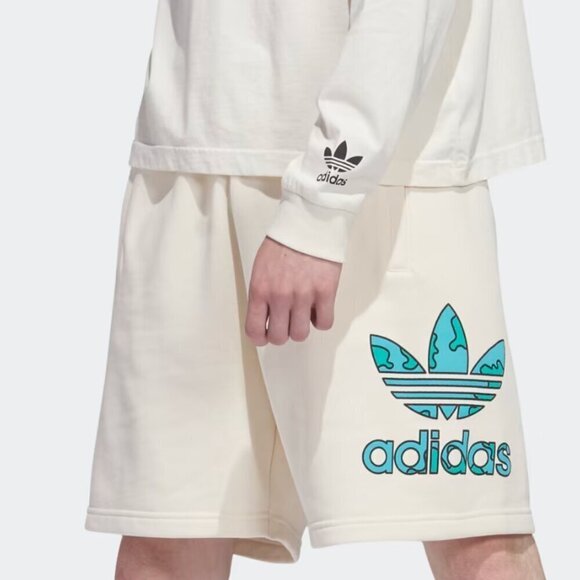 Adidas Stacked Trefoil Earth Sweat Shorts French Terry in Cream Green Women's S - Picture 2 of 5